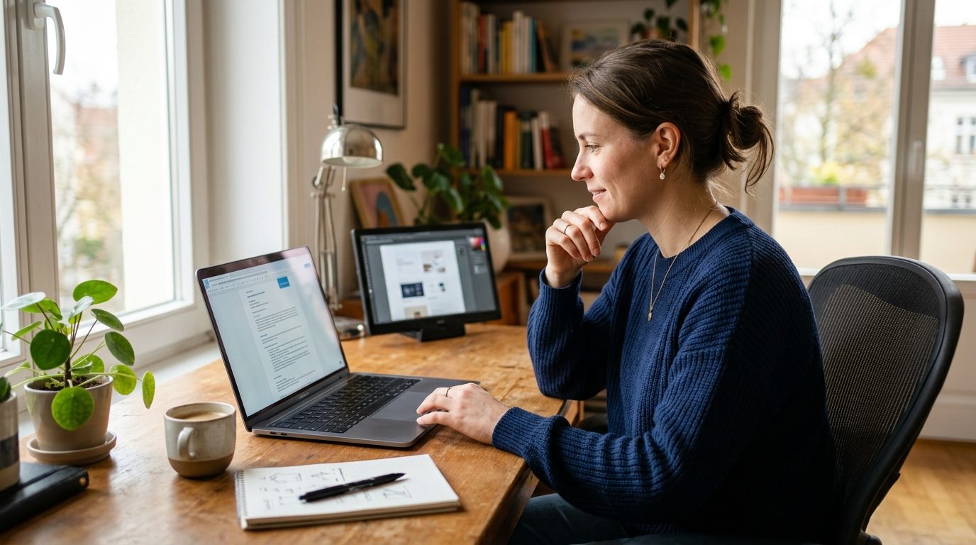Freelance designer reviewing application drafts on a laptop at a home desk